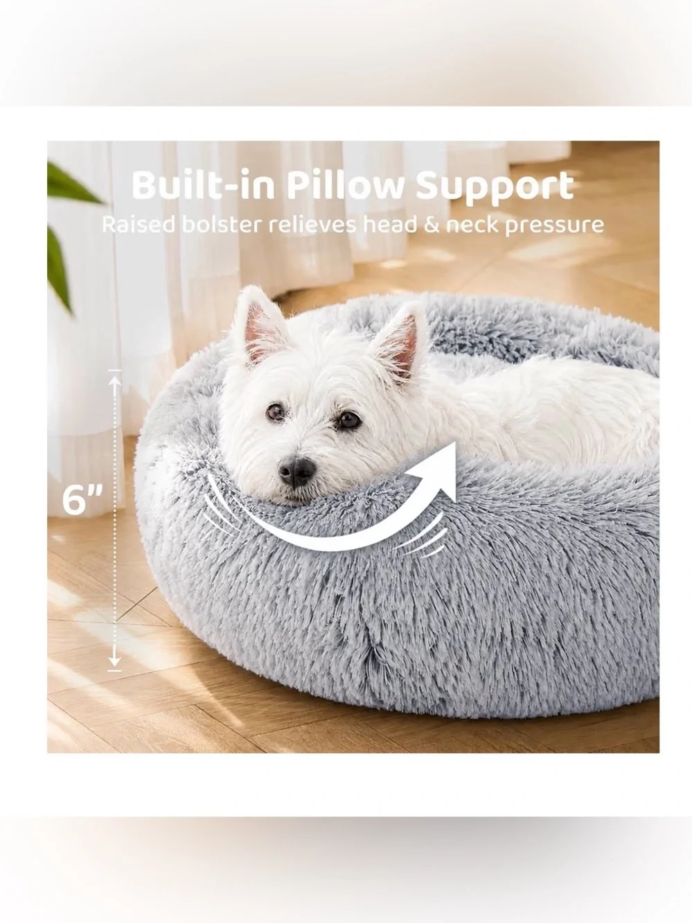 Plush Round Donut Pet Bed in Light Gray for Small & Medium pets, up to 25 lbs